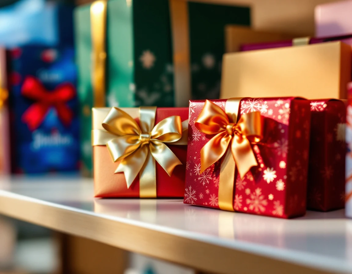 Gift cards with decorative ribbons and bows displayed on retail shelf