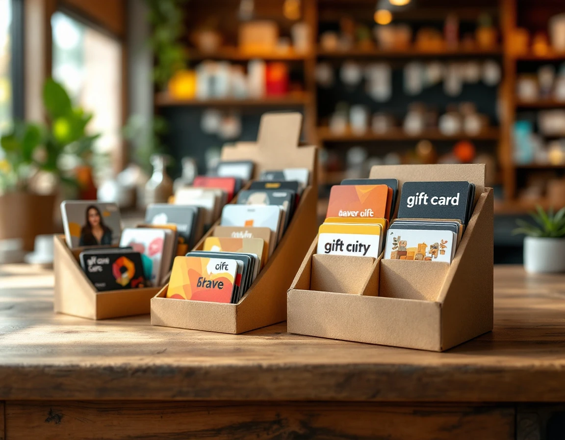 Gift cards and digital goods displayed on retail counter showing product variety and physical card designs