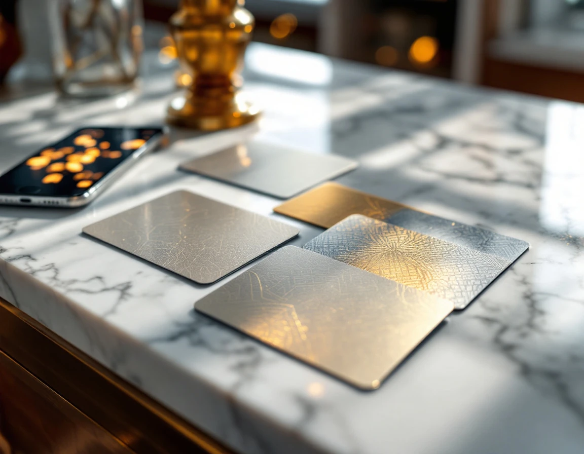 Premium blank gift cards with embossed patterns on marble counter in upscale retail setting