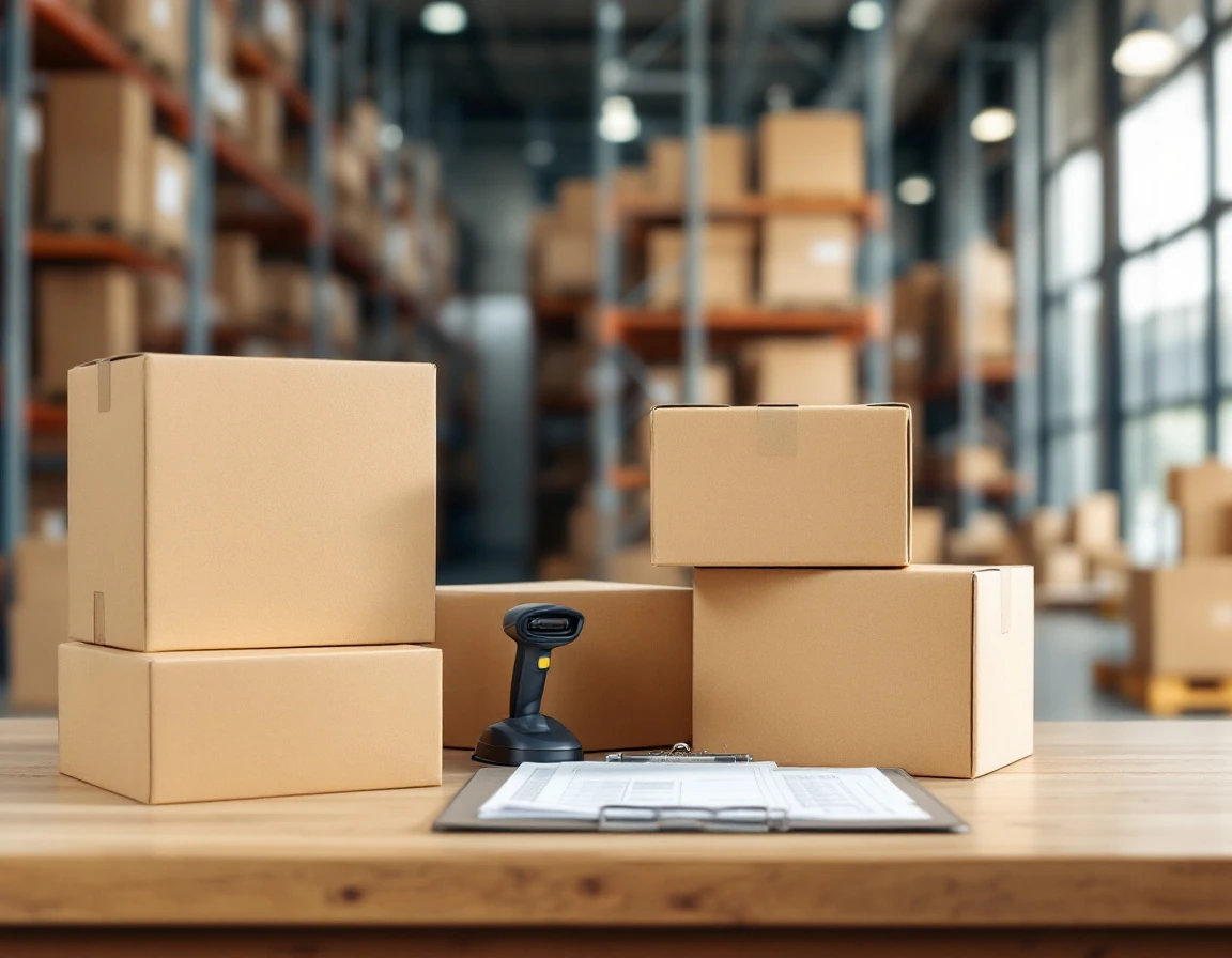 Warehouse inventory audit station with barcode scanner, clipboard, and unmarked cardboard boxes ready for verification