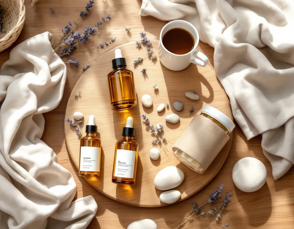 Flat-lay of wellness products including amber bottles, ceramic cups, lavender, and linen on wood surface
