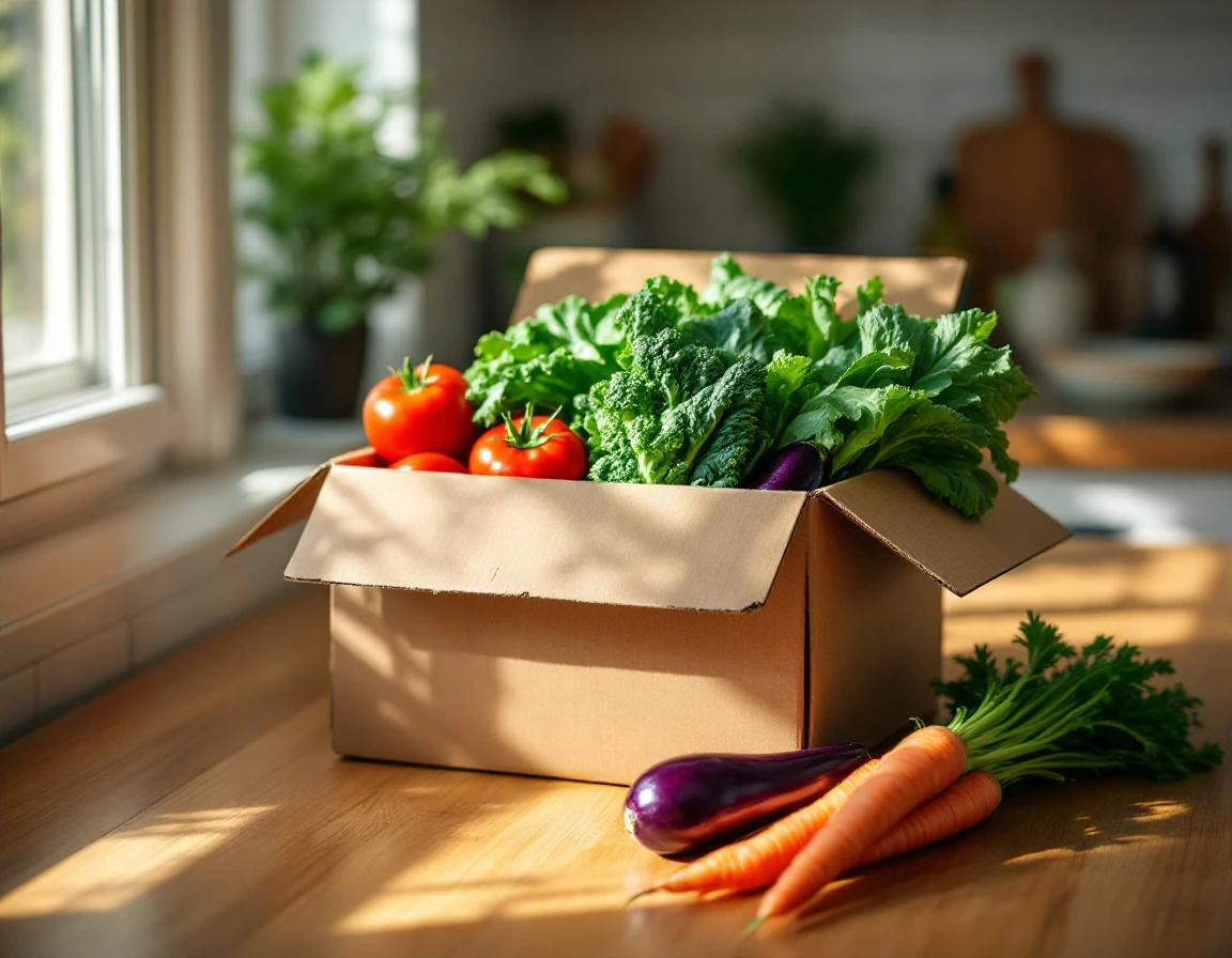 Fresh vegetables being unpacked from a cardboard delivery box on a kitchen counter