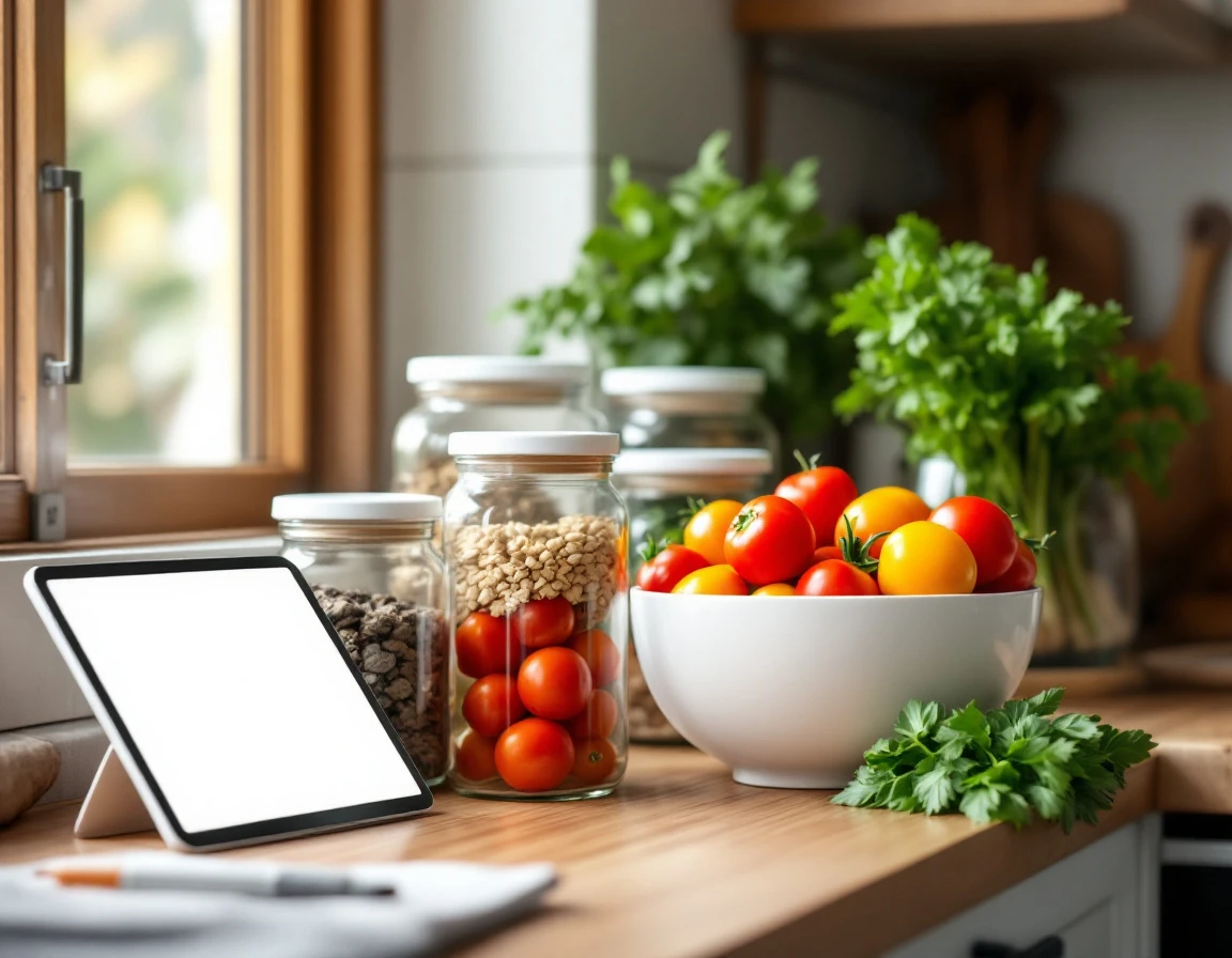 Organized kitchen counter with fresh produce in glass storage containers and blank pantry vessels