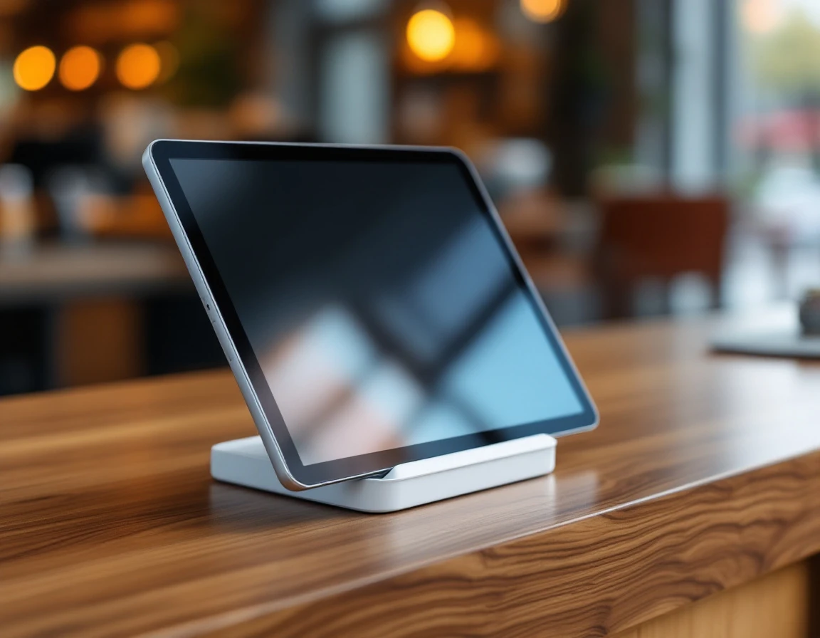 Modern tablet and dock on wooden retail counter with warm storefront lighting