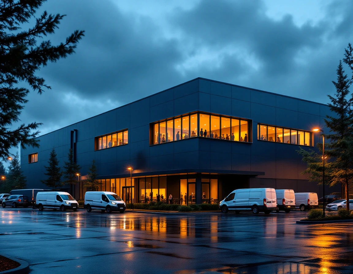 Modern B2B warehouse storefront at twilight showing interior activity through large windows