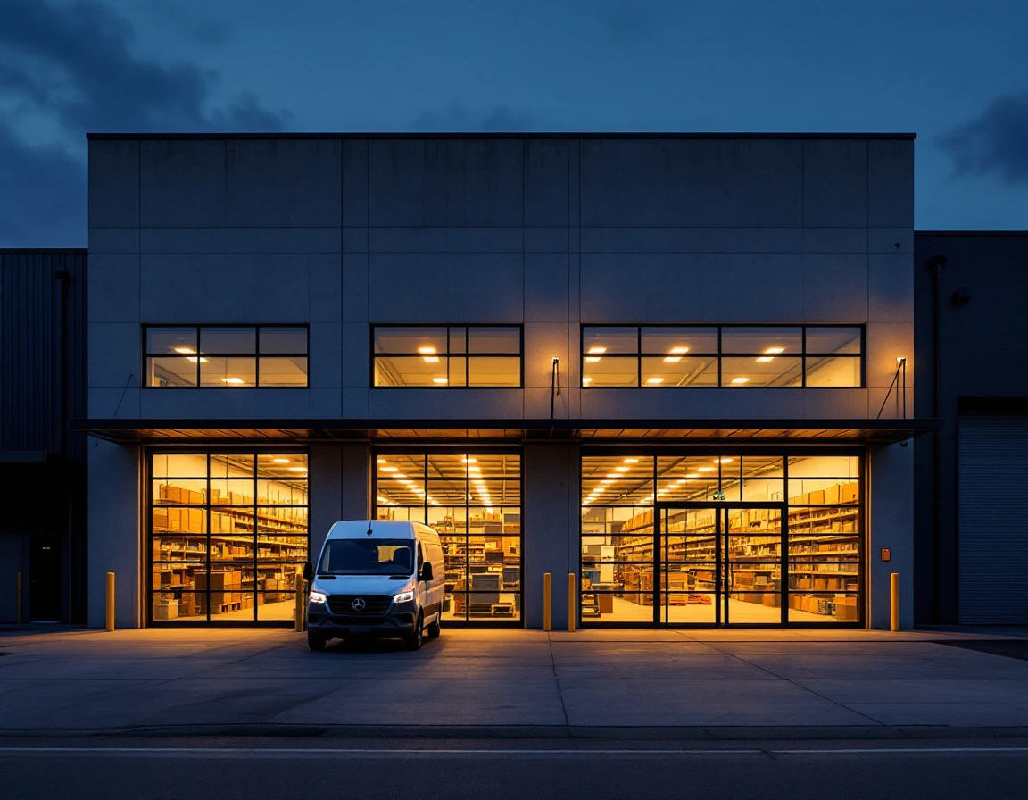 Modern warehouse storefront at dusk with delivery vehicle and interior lighting visible through windows