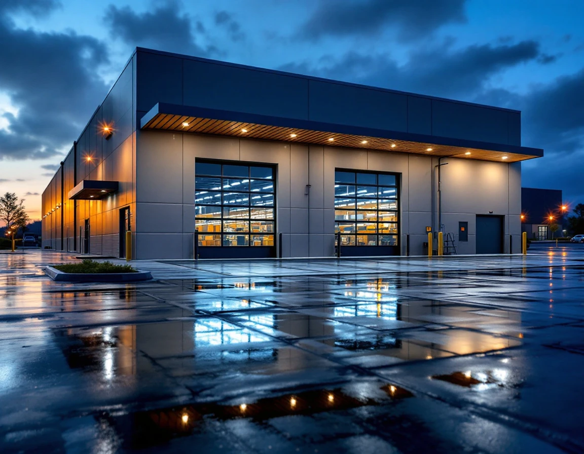 Modern B2B warehouse facility at dusk showing commercial storefront and loading areas