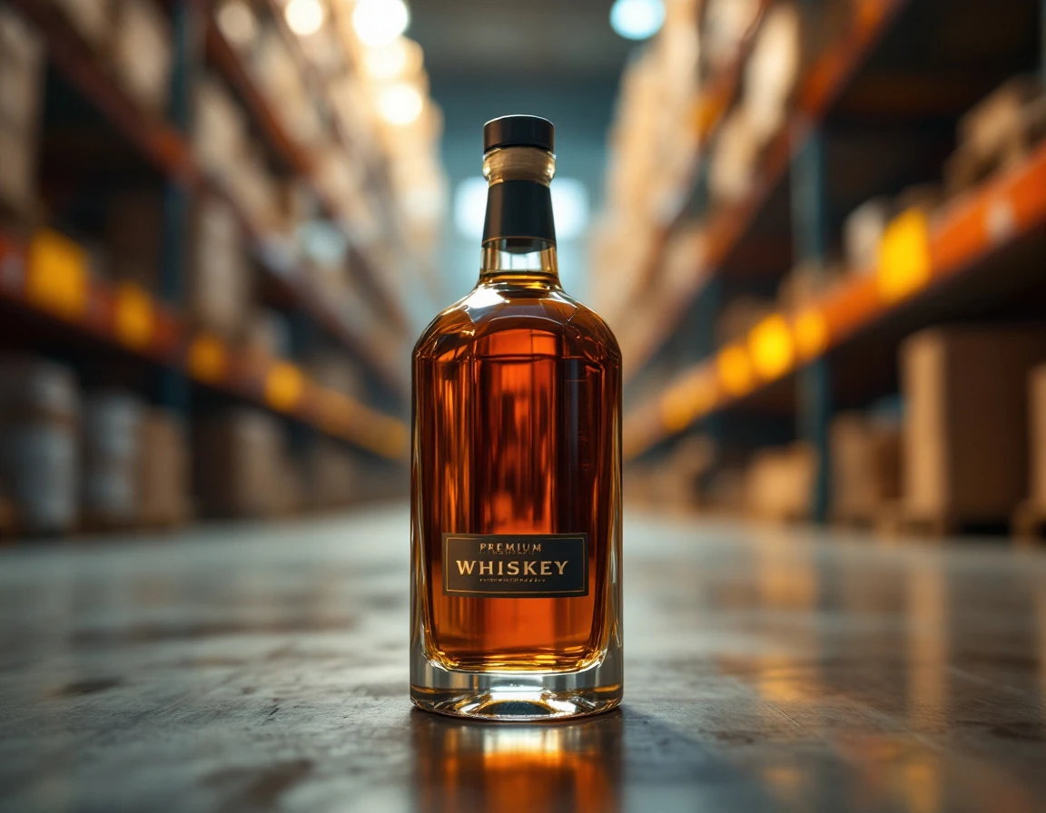 Premium whiskey bottle in distribution warehouse with soft natural lighting and blurred shelving background
