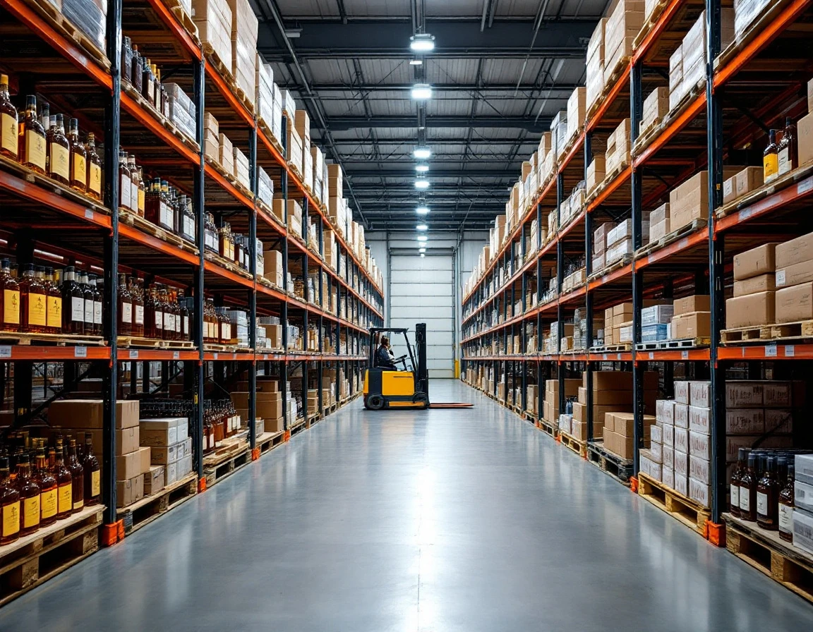Premium whiskey bottles organized on industrial warehouse shelving in a modern distribution center