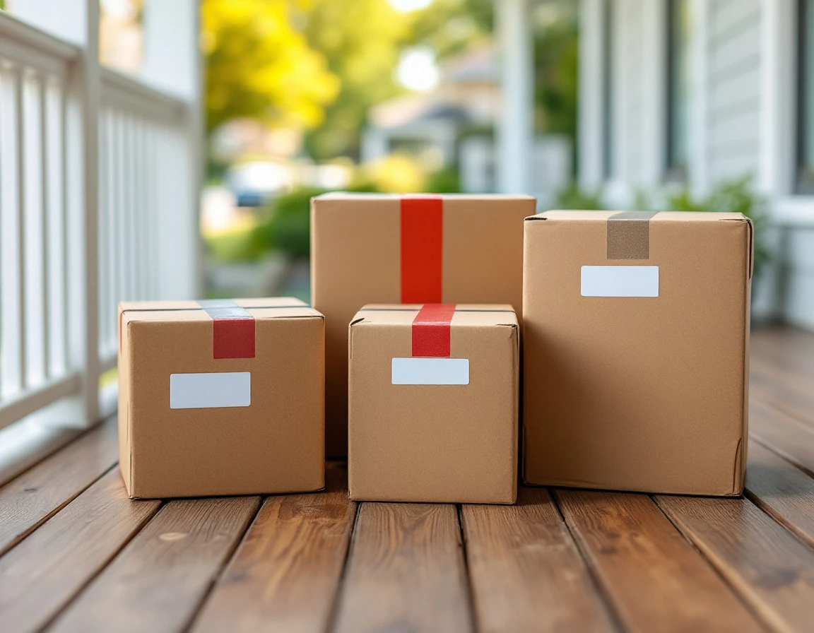 Shipping boxes with different colored delivery tape representing standard, expedited, and priority options
