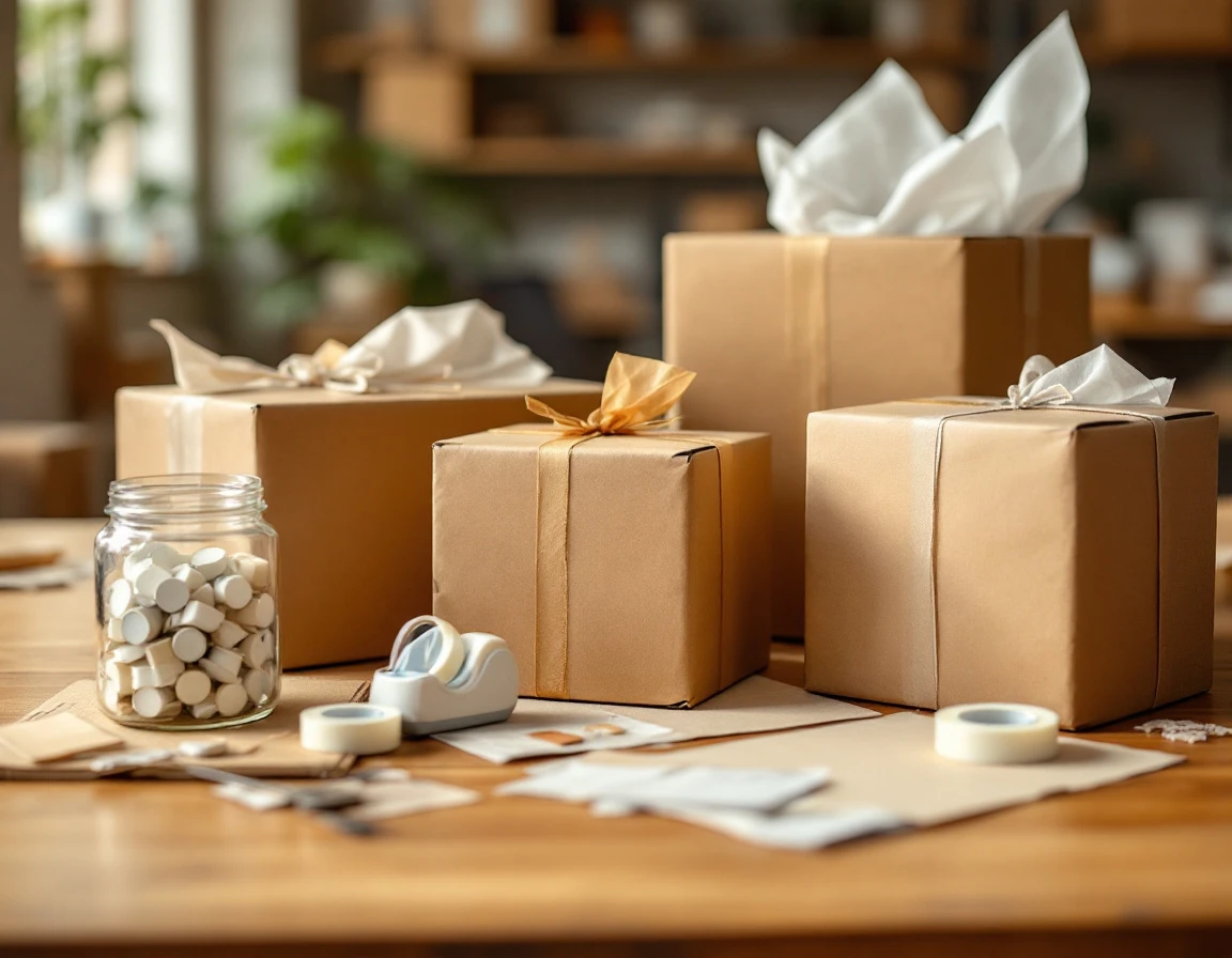 Cardboard shipping boxes and packing materials arranged on wooden workspace in e-commerce fulfillment setting