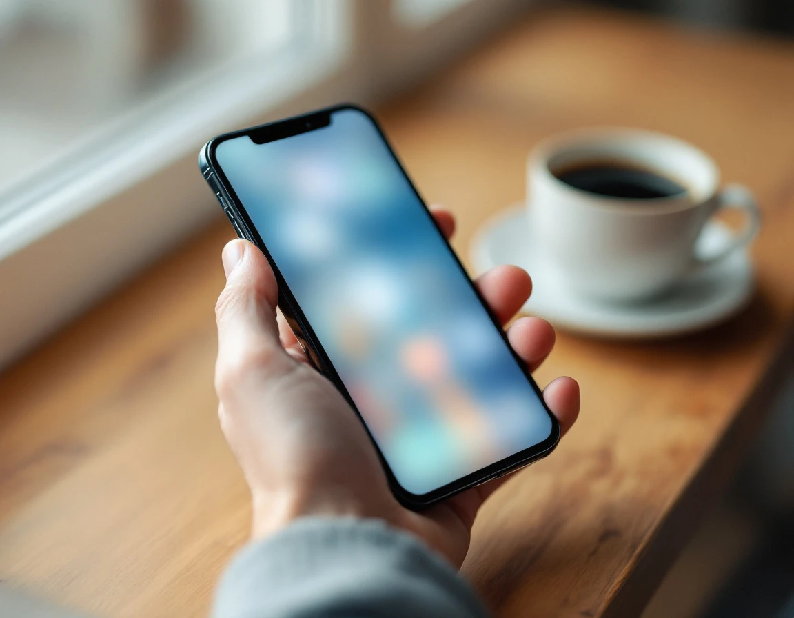 Smartphone held over wooden table with blurred screen showing delivery options interface