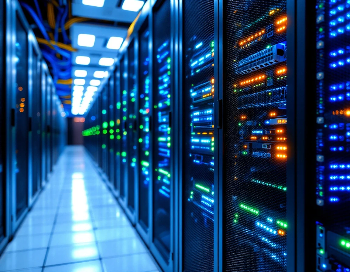 Server rack with LED status indicators and organized cable management in modern data center