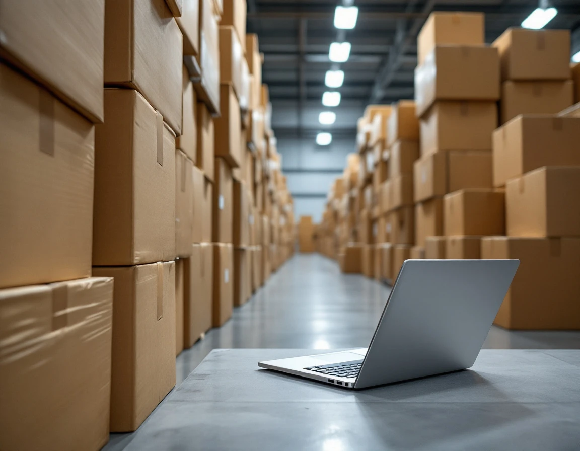 Warehouse inventory boxes stacked with laptop showing real-time demand forecasting for holiday e-commerce