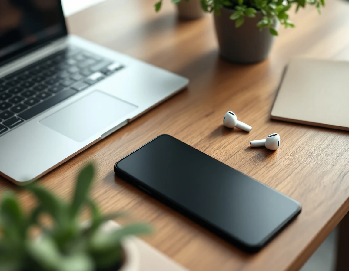 Modern desk workspace with laptop, security badge, and office accessories in natural lighting