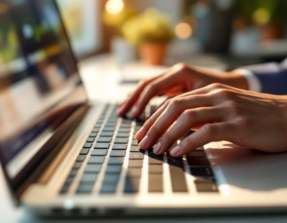 Close-up of hands typing on laptop during secure online checkout transaction