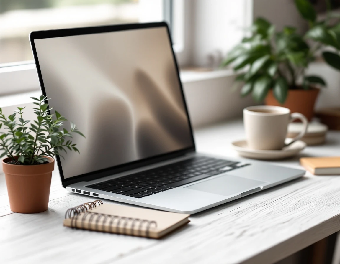 Clean workspace desk with laptop, coffee mug, notebook, and potted plants in natural lighting