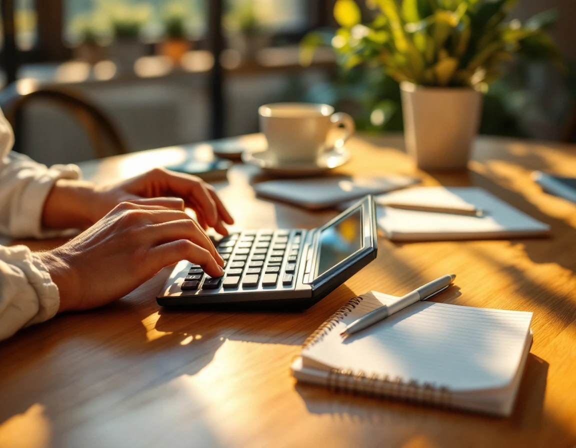 Hands typing on laptop with calculator and coffee on sunlit wooden desk in natural workspace