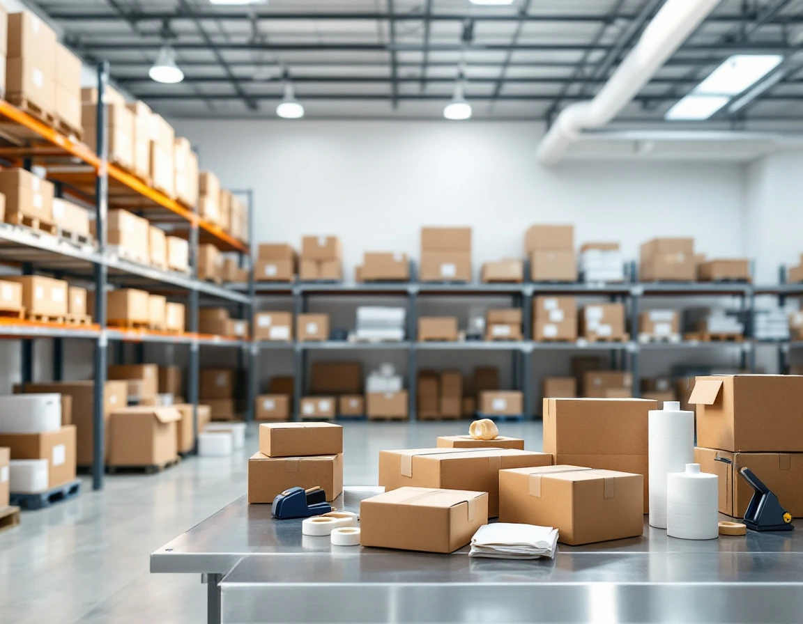 Organized warehouse packing station with shipping boxes and fulfillment supplies in modern distribution center