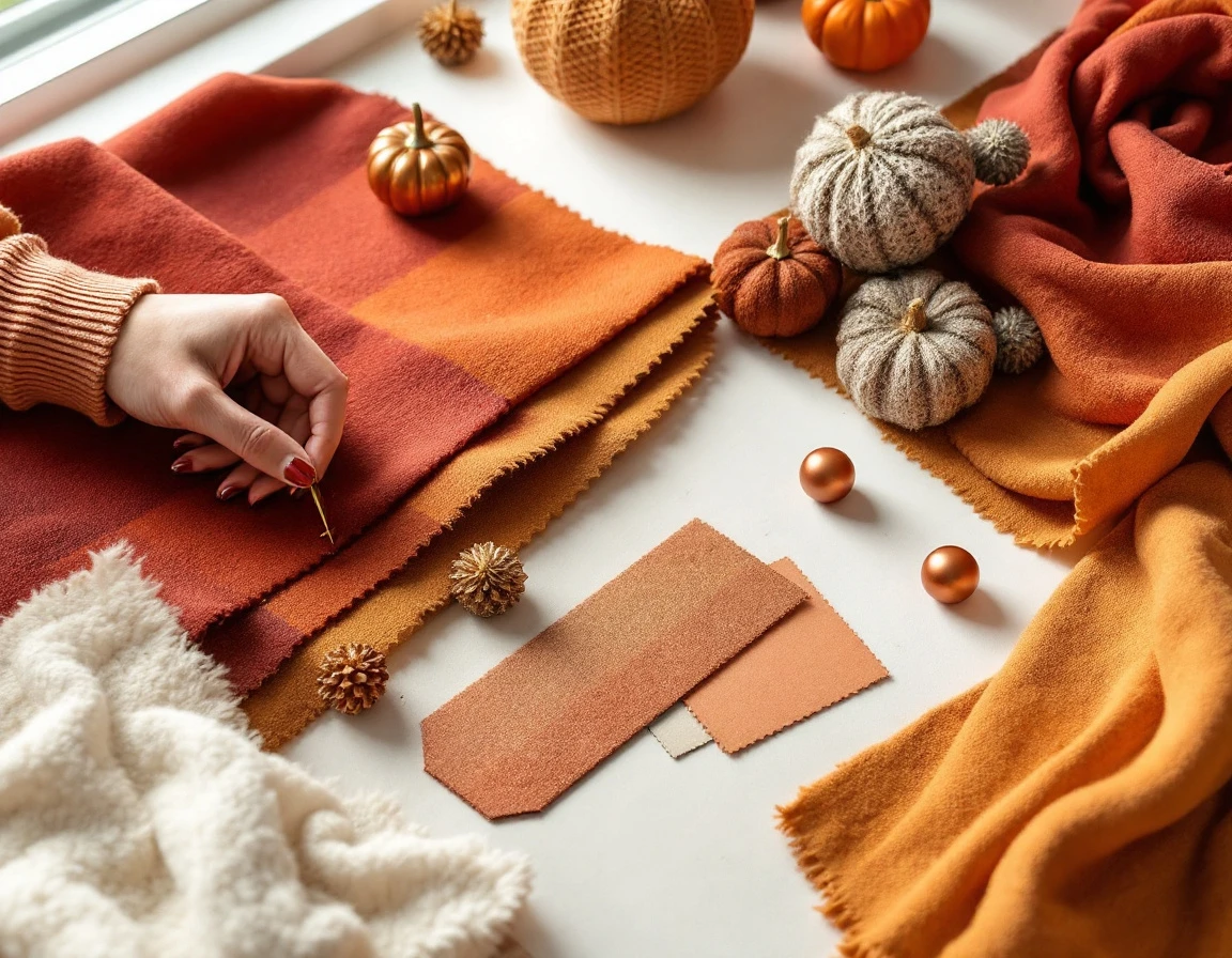 Seasonal product samples and fabric swatches organized by color palette on retail planning workspace
