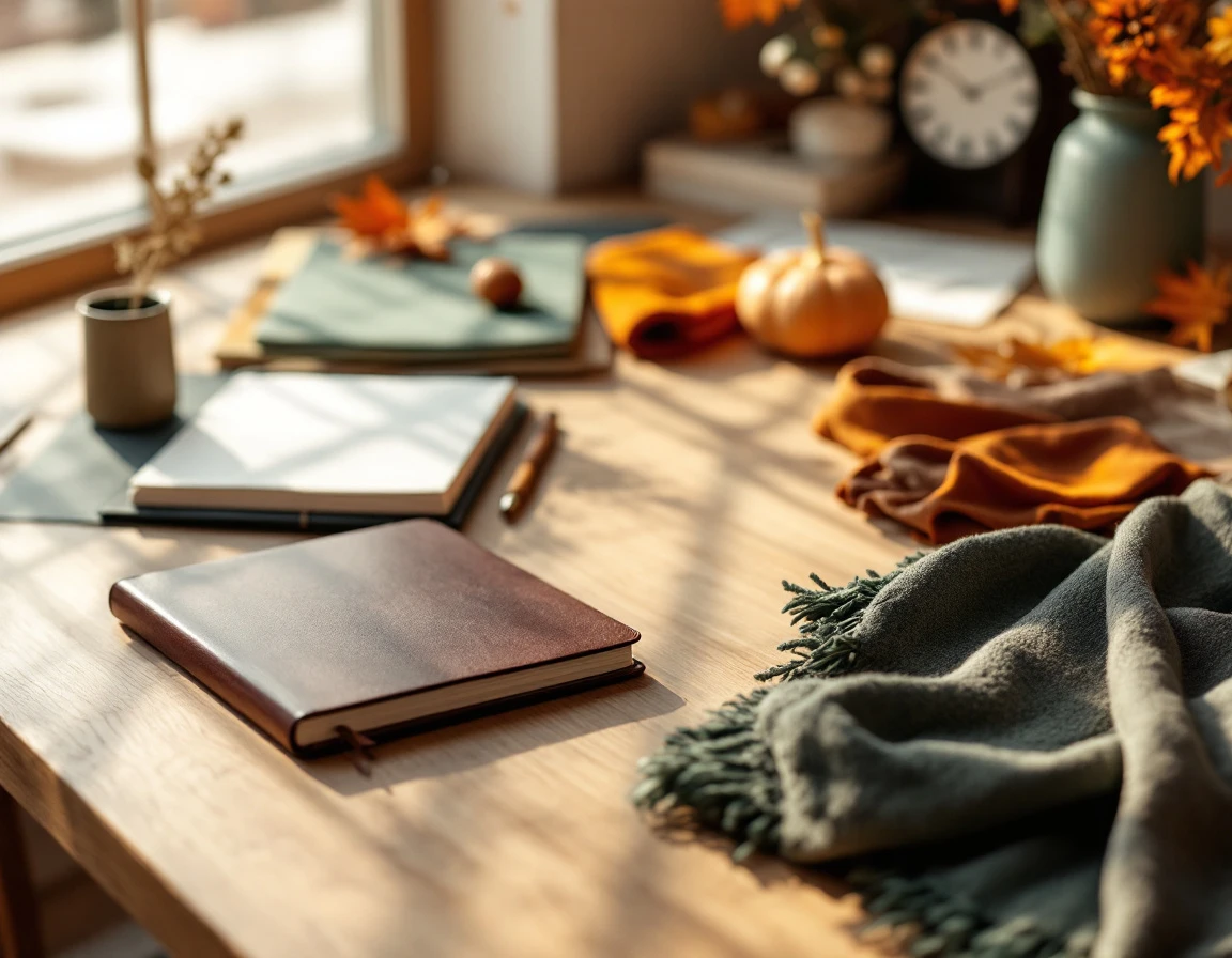 Organized fall merchandise and seasonal product samples arranged on workspace for catalog planning