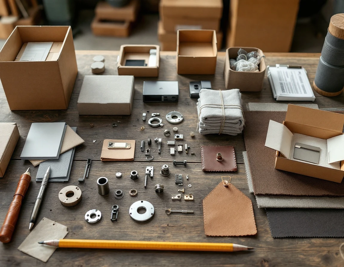 Organized product samples and inventory materials arranged on wooden workspace showing catalog expansion preparation
