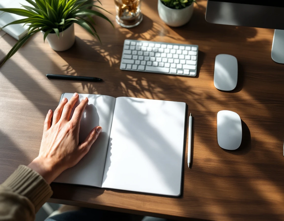 Clean office desk with blank notepad and natural hand position, ready for strategic planning work