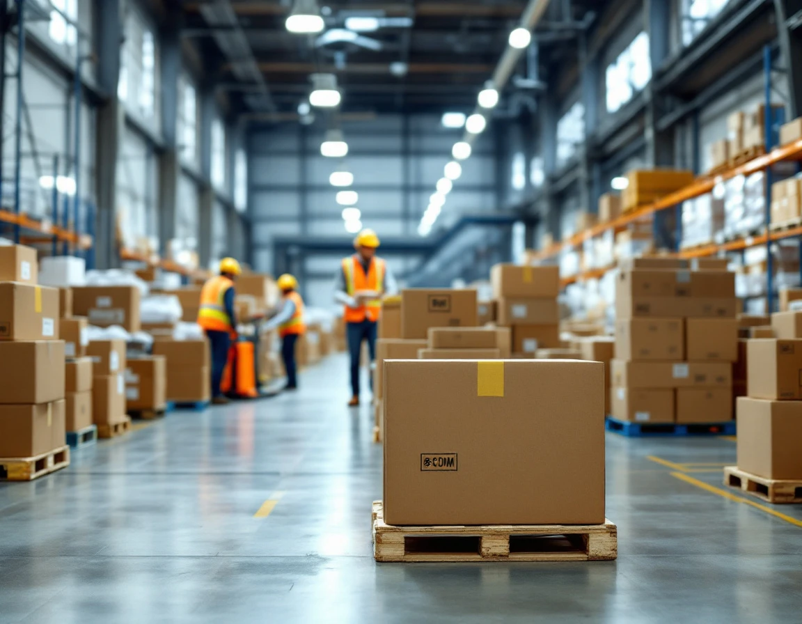 Modern warehouse fulfillment operations with stacked shipping boxes and logistics equipment in natural lighting