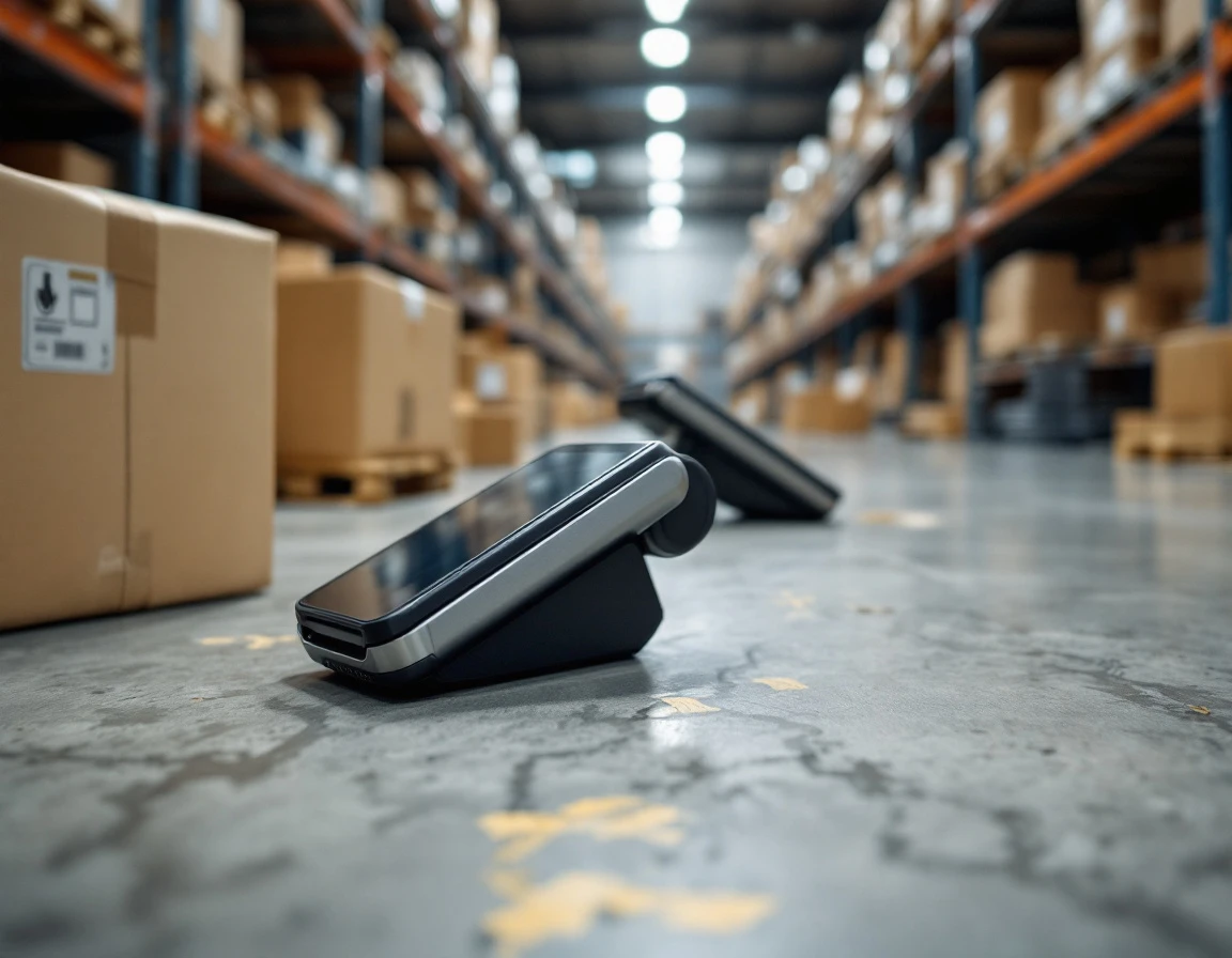 Payment terminal device on warehouse floor surrounded by shipping boxes in fulfillment center