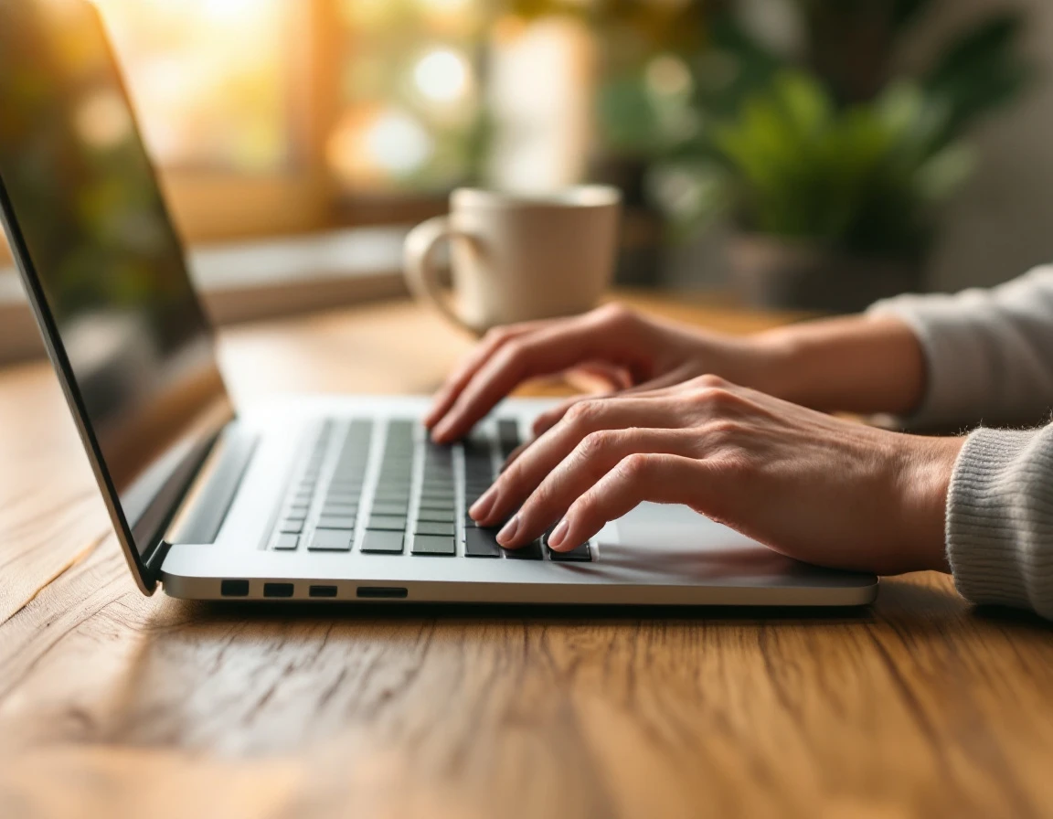 Hands typing on laptop keyboard at wooden desk with natural lighting and coffee mug in home office workspace