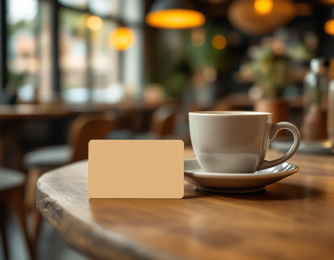 Ceramic coffee cup with blank loyalty card on wooden café table in warm natural light