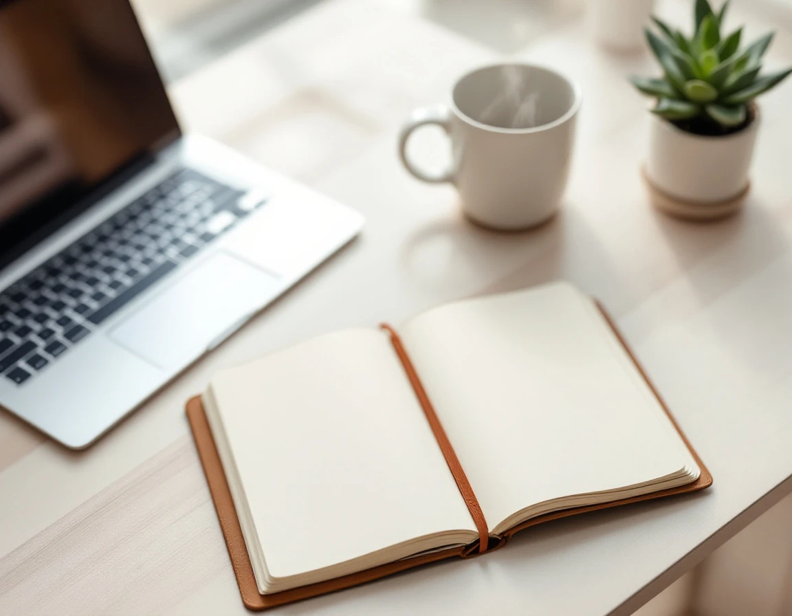 Minimalist desk workspace with open blank notebook, ceramic coffee mug, laptop, and succulent plant
