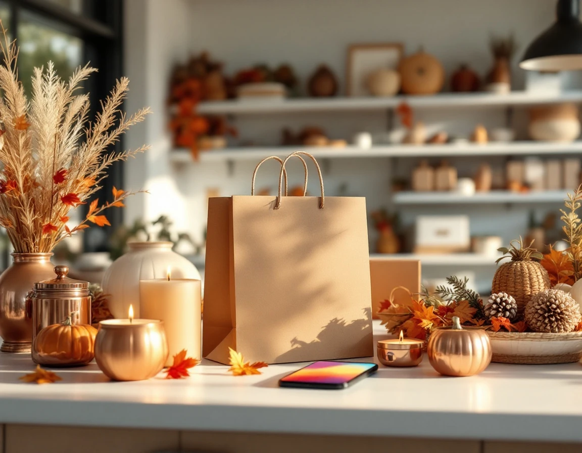 Shopping bag with seasonal autumn products beside smartphone in modern retail environment