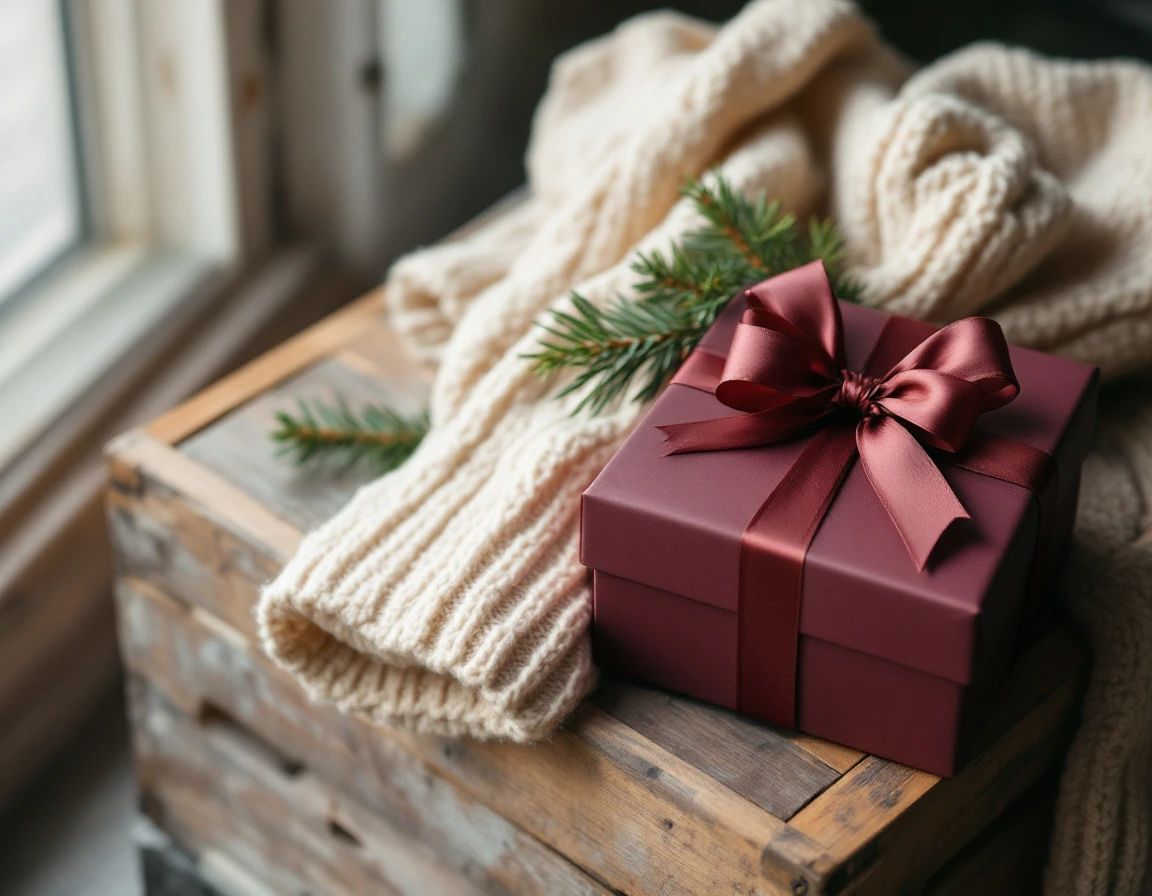 Knitted sweater and wrapped gift box arranged on weathered wooden crate with natural holiday styling