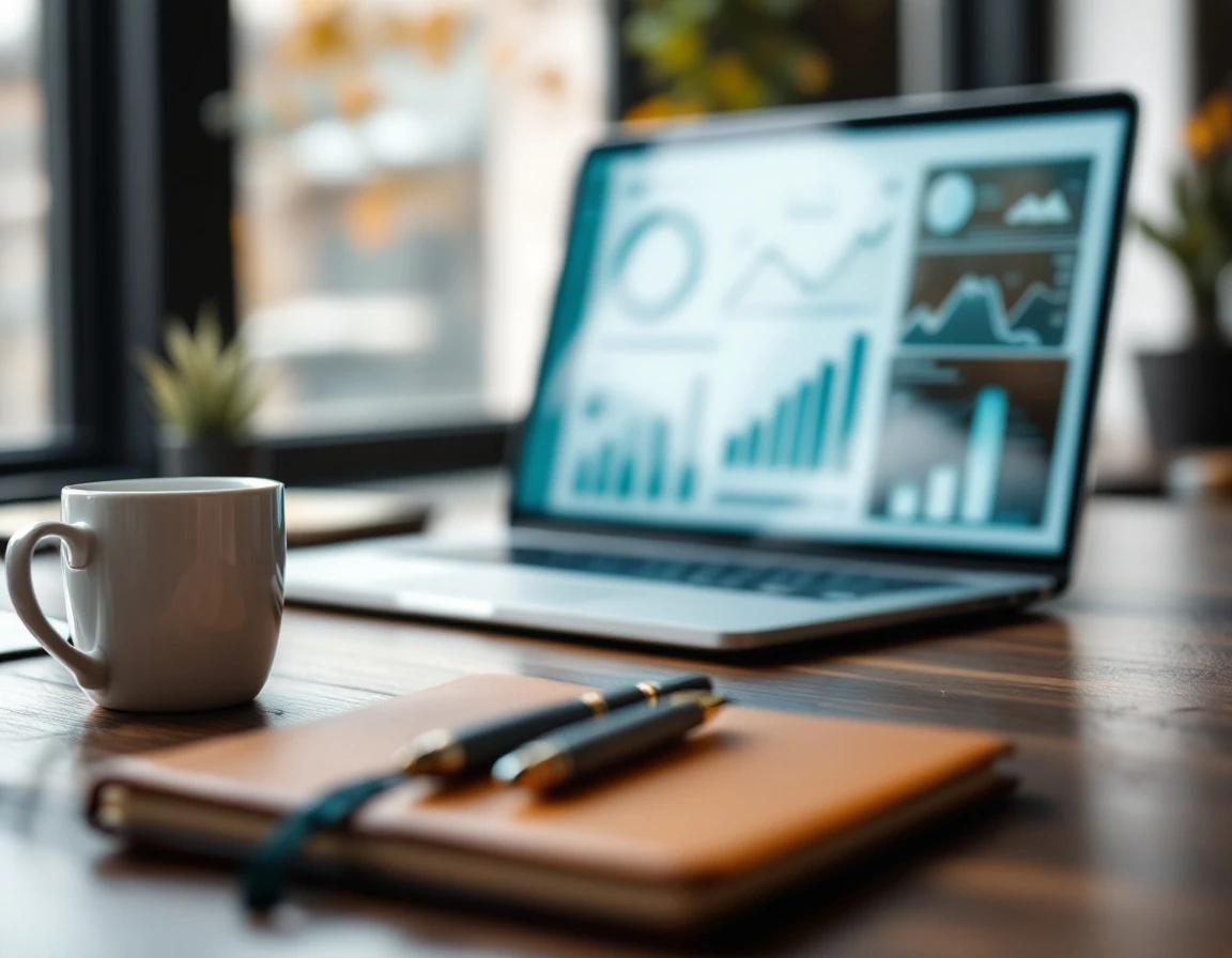 Laptop displaying abstract analytics dashboard on modern office desk with coffee and notebook
