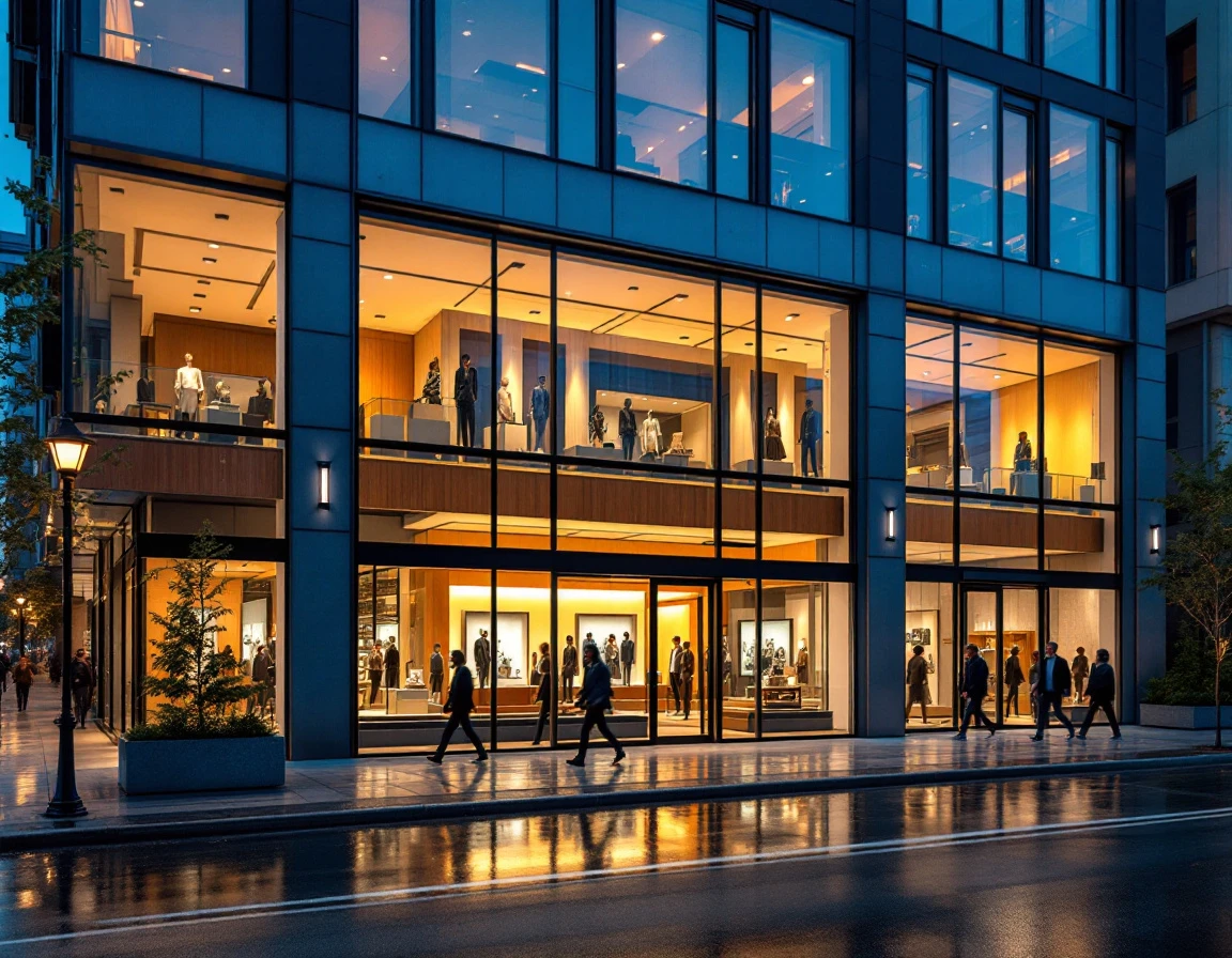 Modern retail storefronts with illuminated display windows on an urban commercial street at dusk