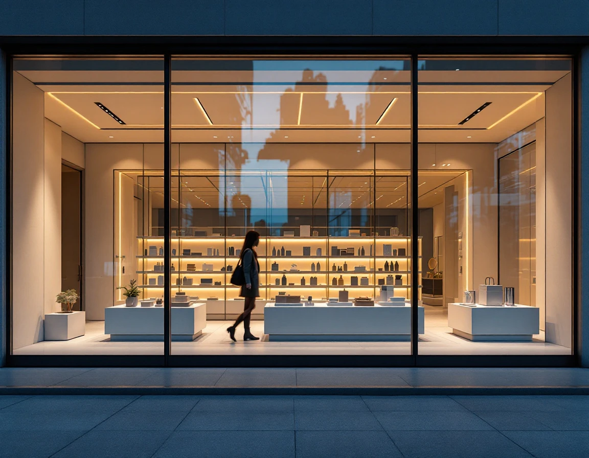 Modern retail storefront with glass windows at dusk showing organized interior product displays