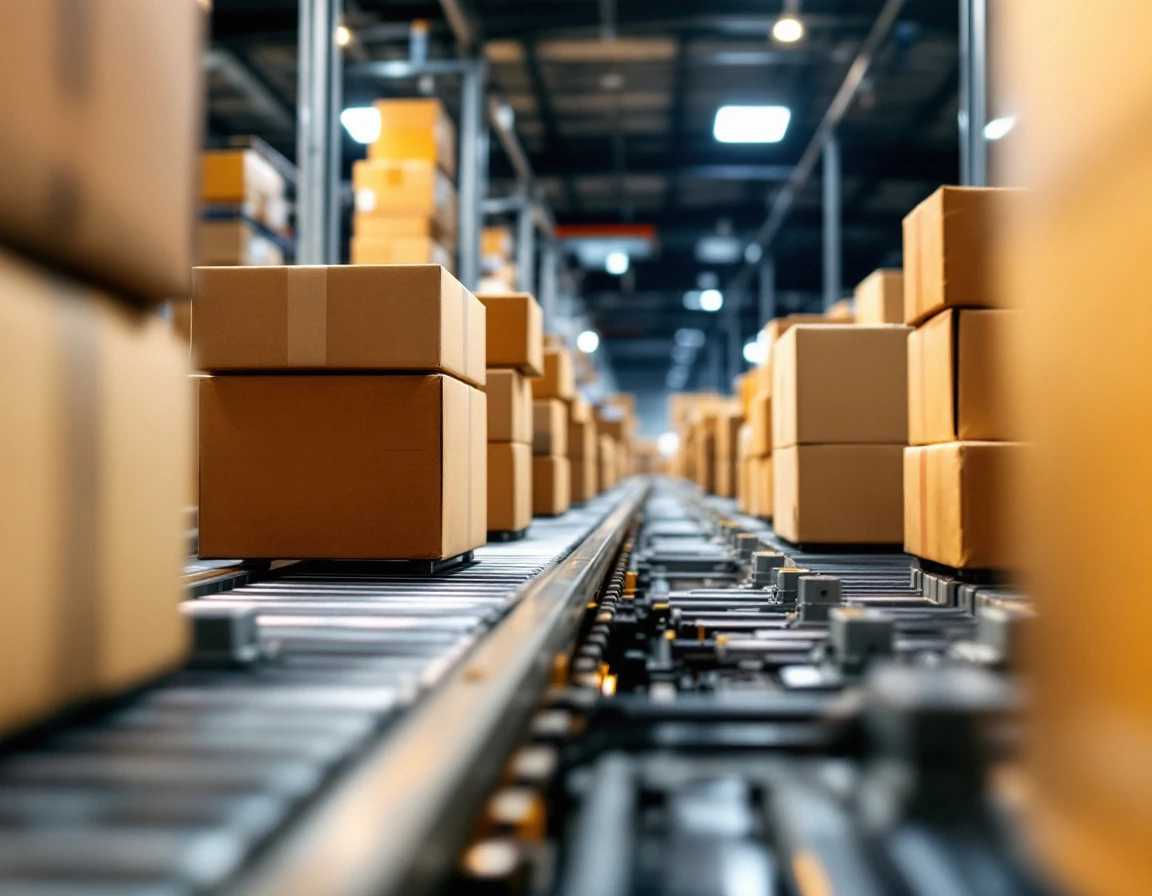 Warehouse conveyor system with stacked shipping boxes at a junction point showing physical capacity constraints