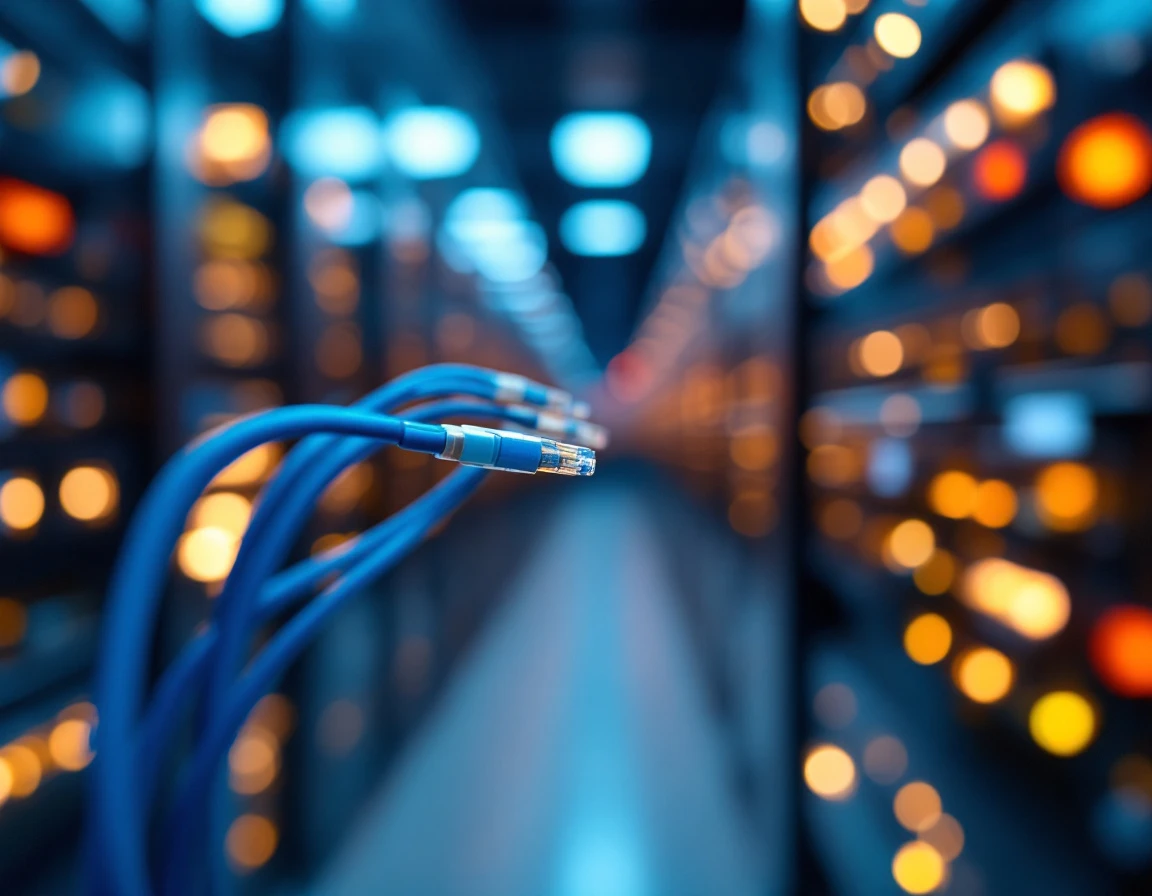 Network cables and fiber optic connections in a modern data center supporting e-commerce infrastructure