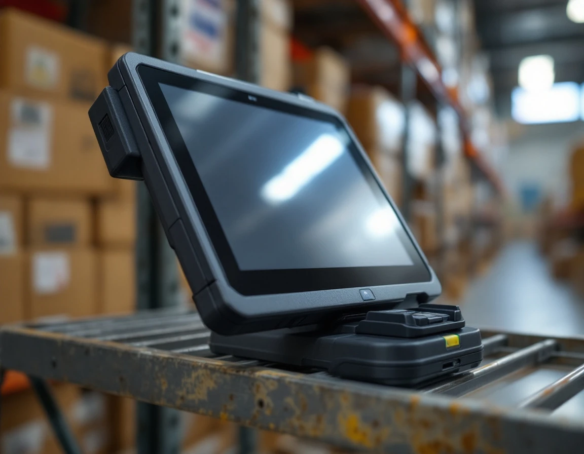 Payment terminal with visible wear on metal warehouse shelf with cardboard boxes in background