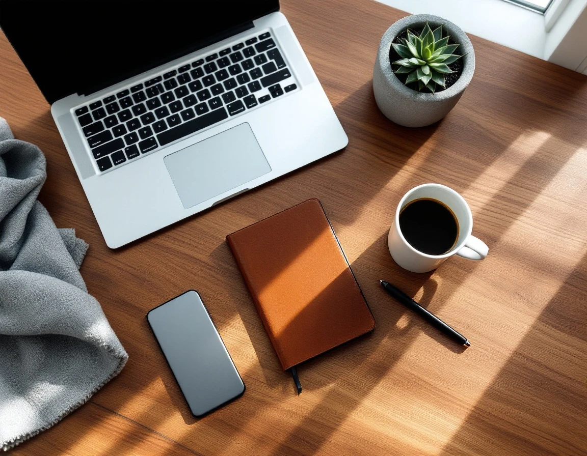 Minimalist workspace with laptop, journal, and coffee arranged on wooden desk for DTC ecommerce planning