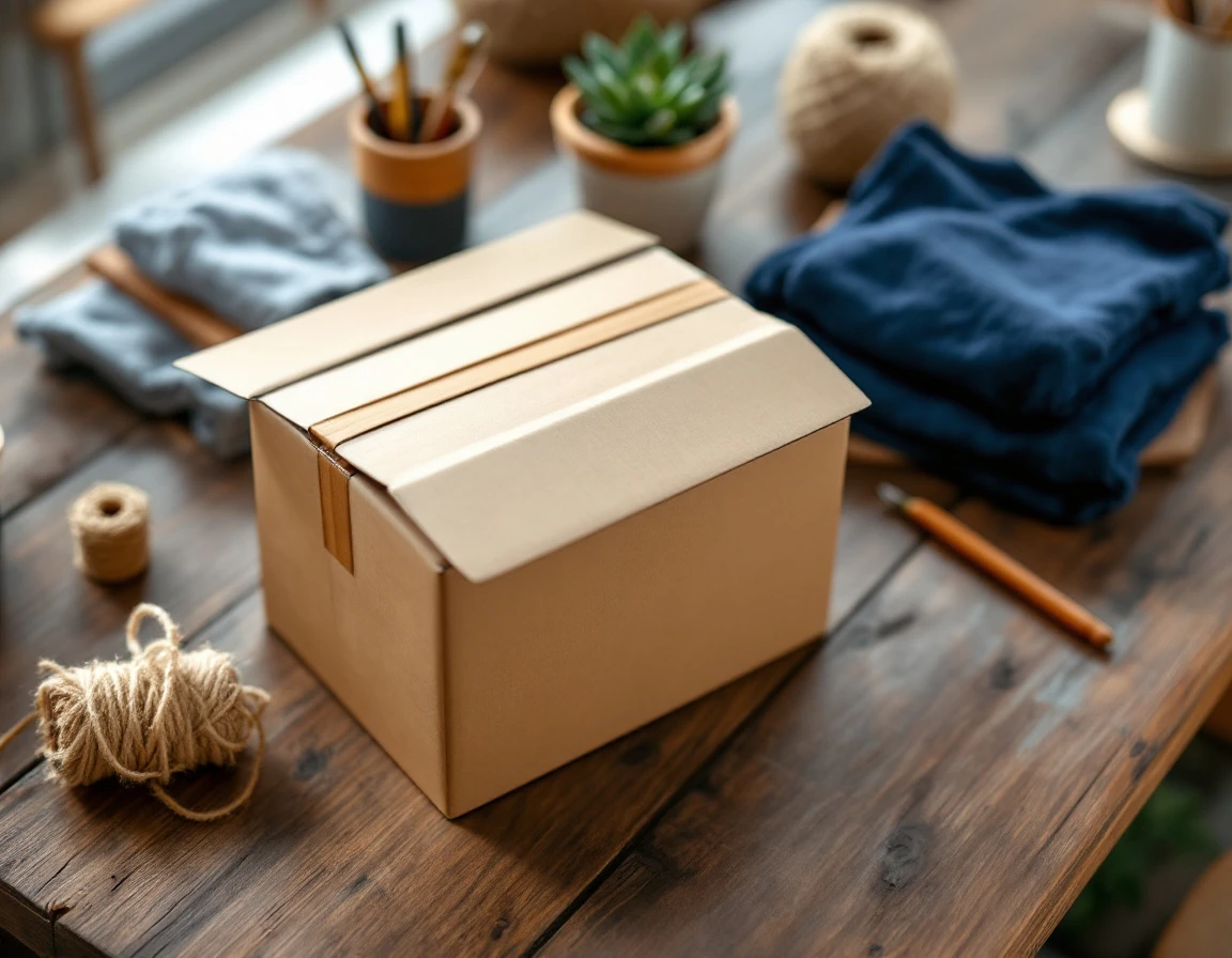 Kraft paper shipping box with folded denim and natural packaging materials on wooden table