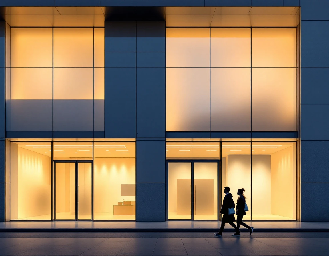 Modern retail storefront exterior at dusk with clean architectural lines and customers entering