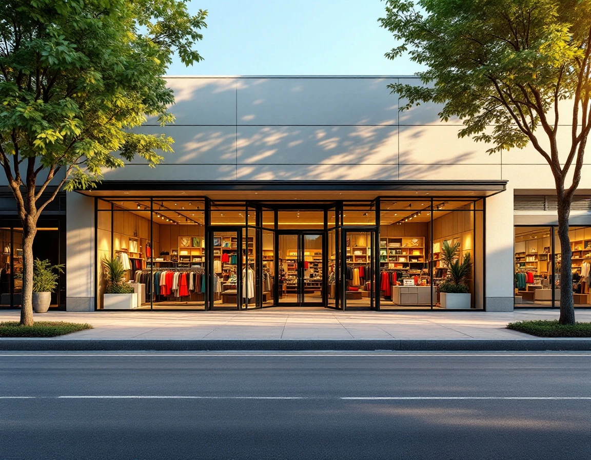 Modern retail storefront with large windows on suburban shopping street during golden hour