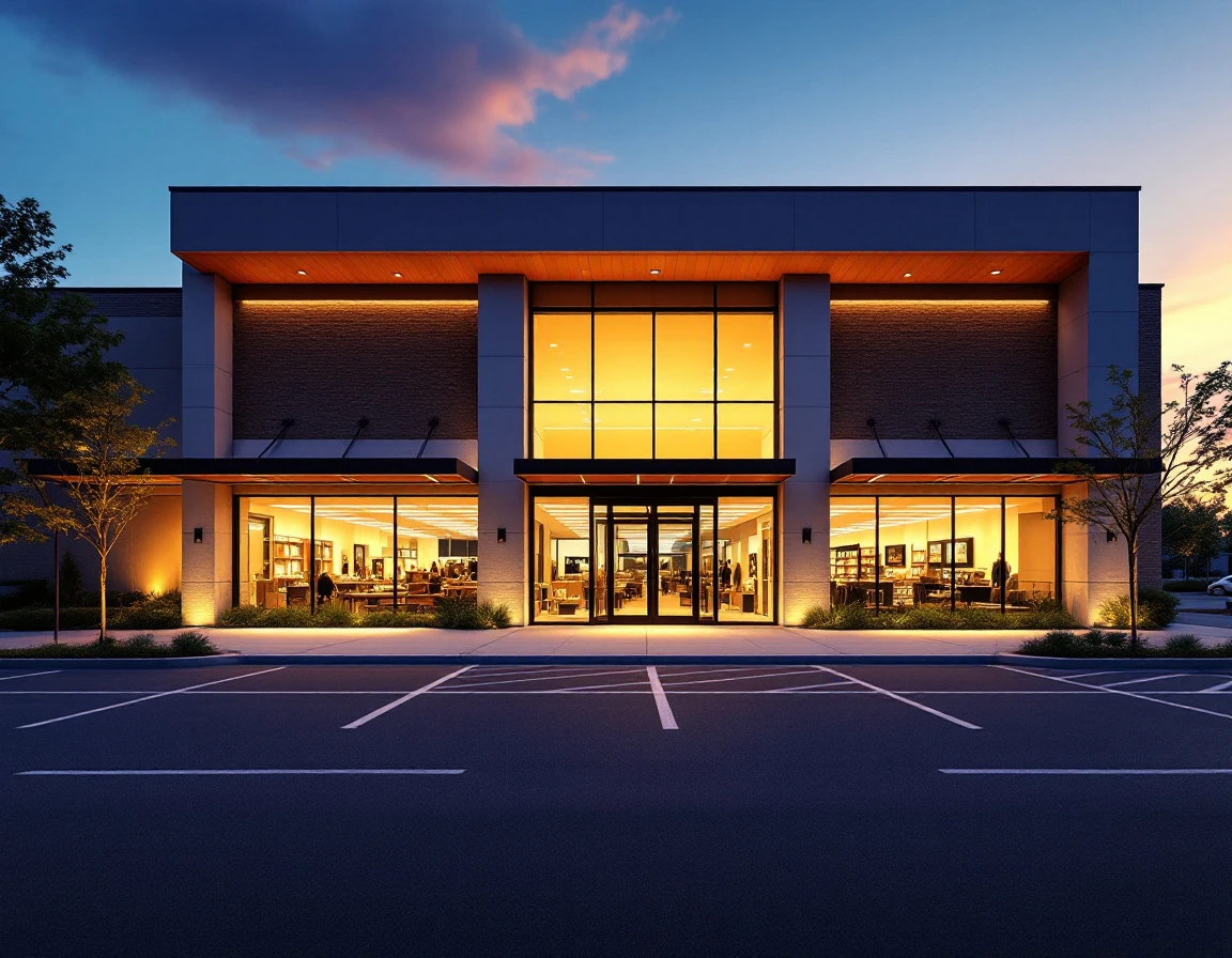Modern retail storefront at dusk with illuminated windows in a suburban shopping district