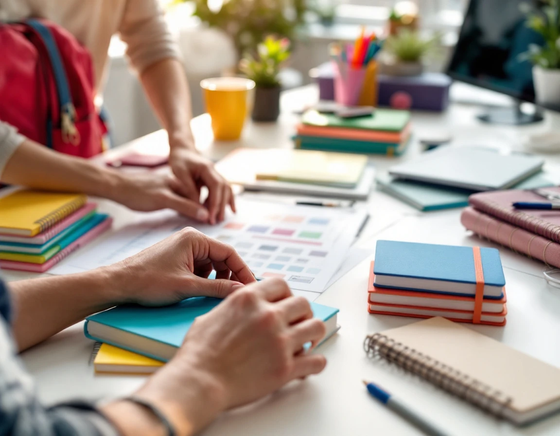 Hands arranging back-to-school merchandise samples and inventory planning materials on professional desk