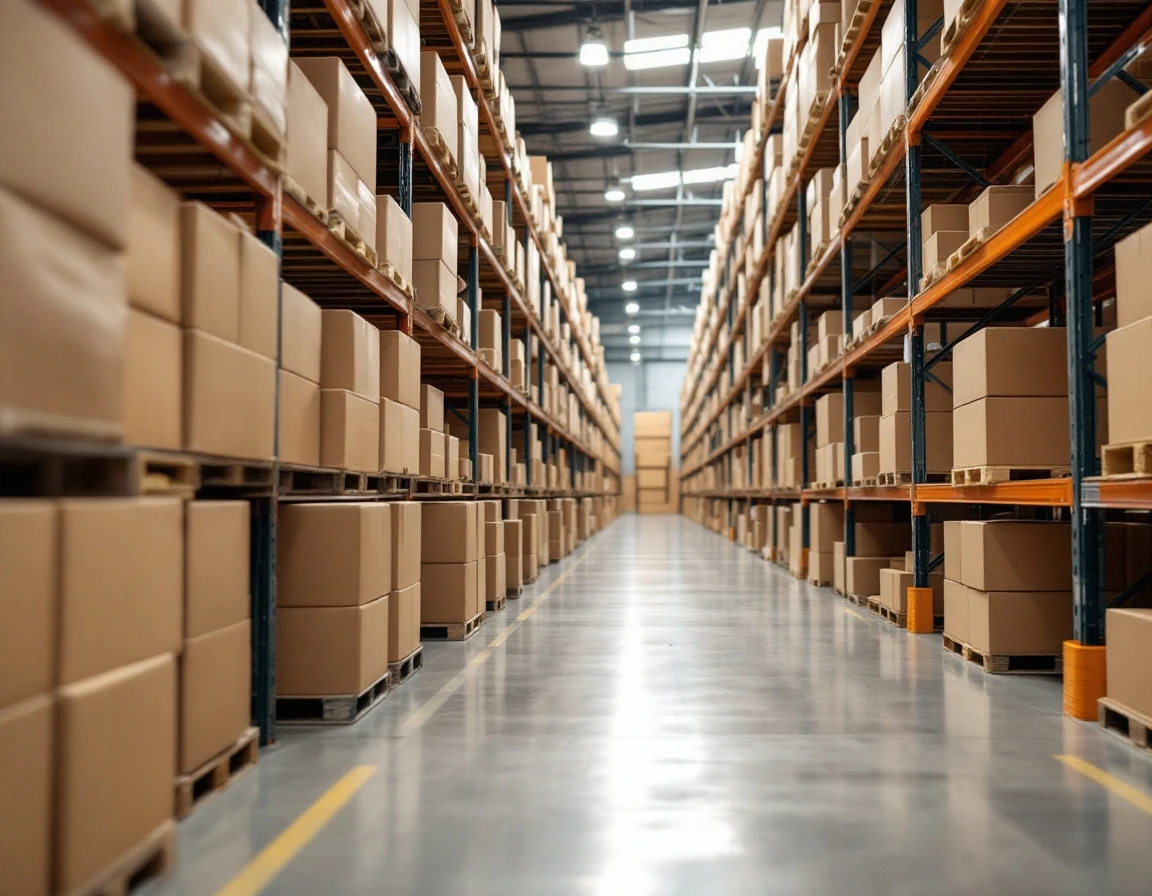 Organized warehouse shelves stacked with unmarked cardboard boxes ready for back-to-school fulfillment