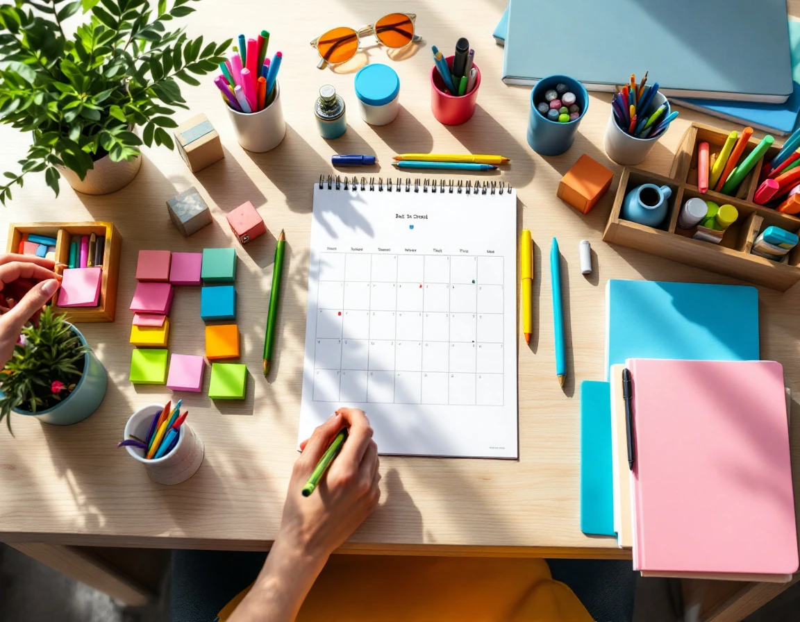 Organized workspace with colorful planning calendar and office supplies for back-to-school inventory scheduling