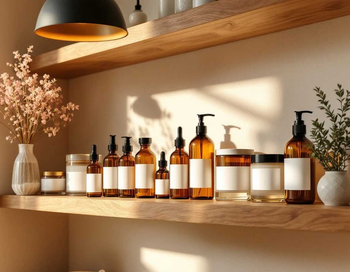 Unlabeled amber and frosted glass skincare bottles arranged on natural wood shelving with directional pendant lighting