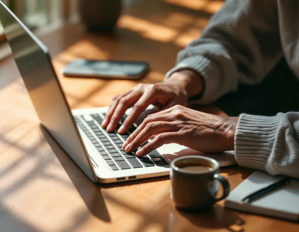 Hands typing on laptop keyboard at desk with coffee mug during e-commerce work session